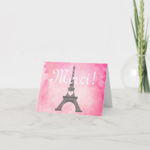 Paris Eiffel Tower Pink Watercolor Thank You Merci Card