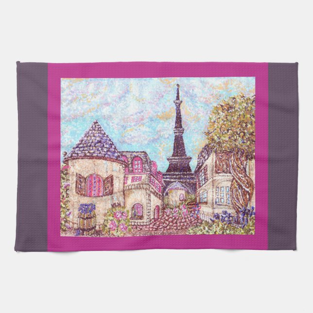 Paris Eiffel Tower pointillism kitchen dish towel (Horizontal)