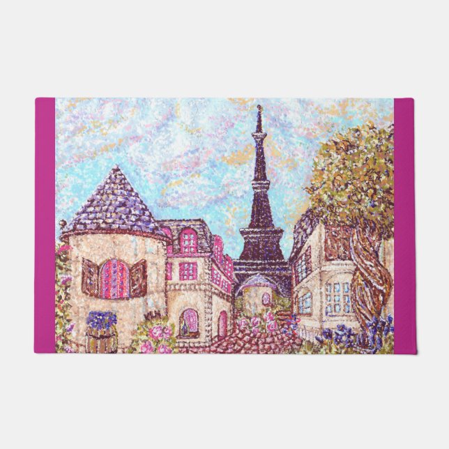 Paris Eiffel Tower pointillism landscape door mat (Front)