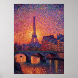 Paris Eiffel Tower Pointillism Sunset Cityscape Ar Poster