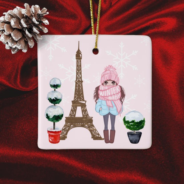 Paris Eiffel Tower Pretty Girl Chic Pink Christmas Ceramic Ornament (Creator Uploaded)