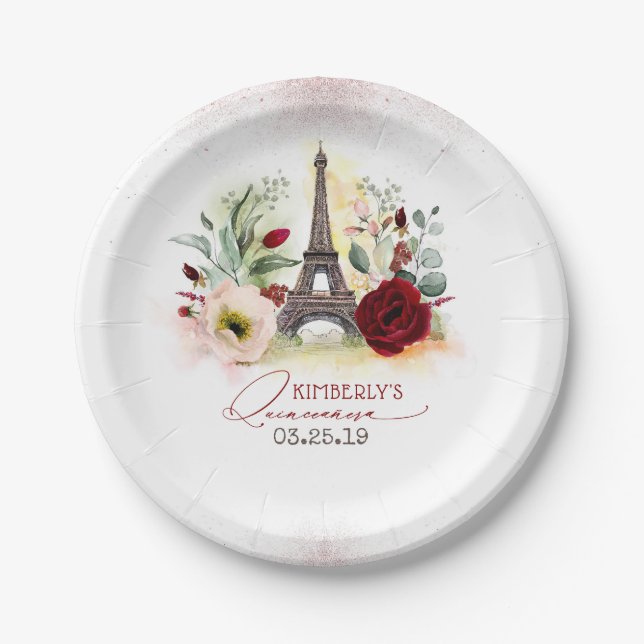 Paris Eiffel Tower Quinceañera 15th Birthday Party Paper Plate (Front)