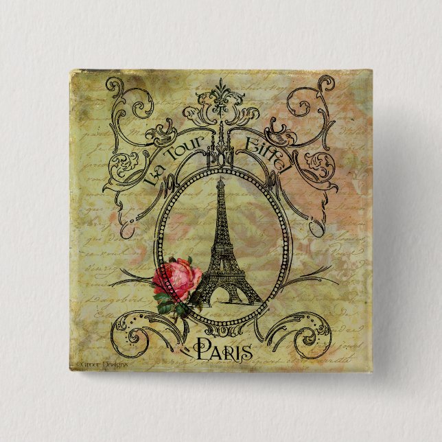 Paris Eiffel Tower & Red Rose Steampunk 15 Cm Square Badge (Front)