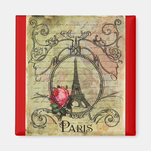 Paris Eiffel Tower & Red Rose Steampunk Magnet (Front)