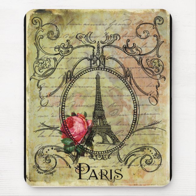 Paris Eiffel Tower & Red Rose Steampunk Mouse Pad (Front)