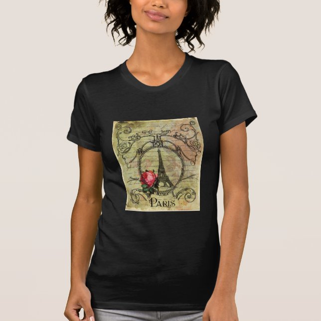 Paris Eiffel Tower & Red Rose Steampunk T-Shirt (Front)
