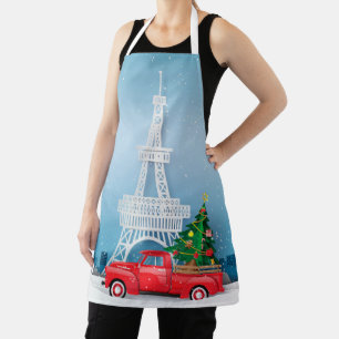 Paris Eiffel Tower Red Truck Christmas Apron