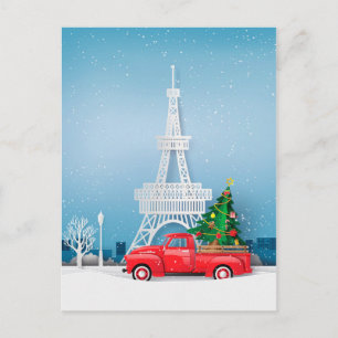 Paris Eiffel Tower Red Truck Christmas Postcard