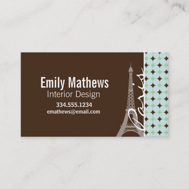 Paris; Eiffel Tower; Sage Green & Brown Business Card (Front)