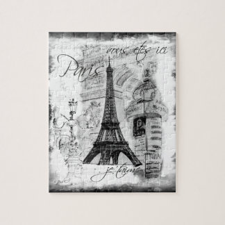 Paris Eiffel Tower Scene Collage Black & White Jigsaw Puzzle