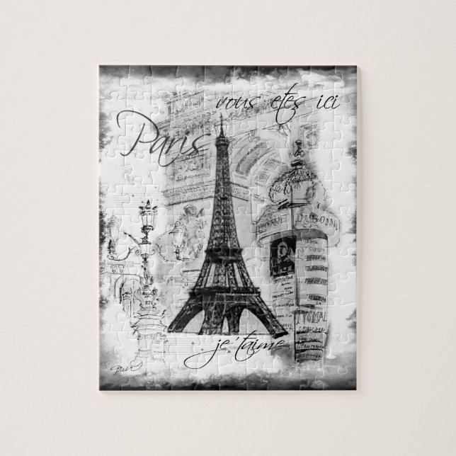 Paris Eiffel Tower Scene Collage Black & White Jigsaw Puzzle (Vertical)
