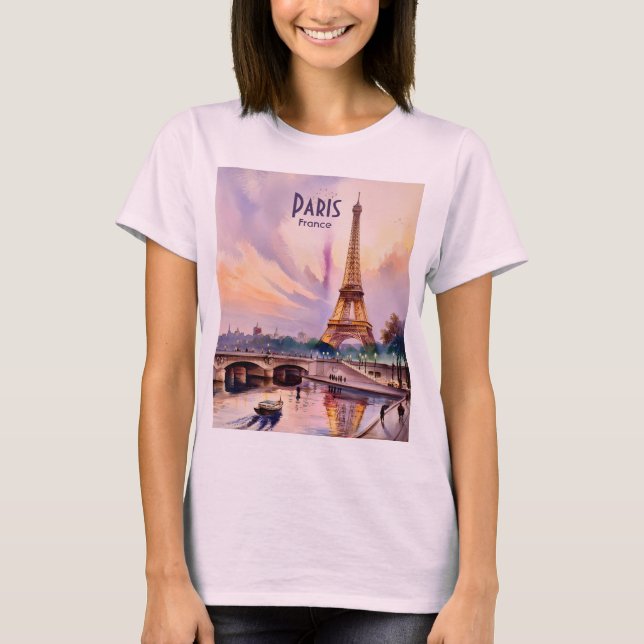 Paris Eiffel Tower Travel Watercolor Custom Text T-Shirt (Front)