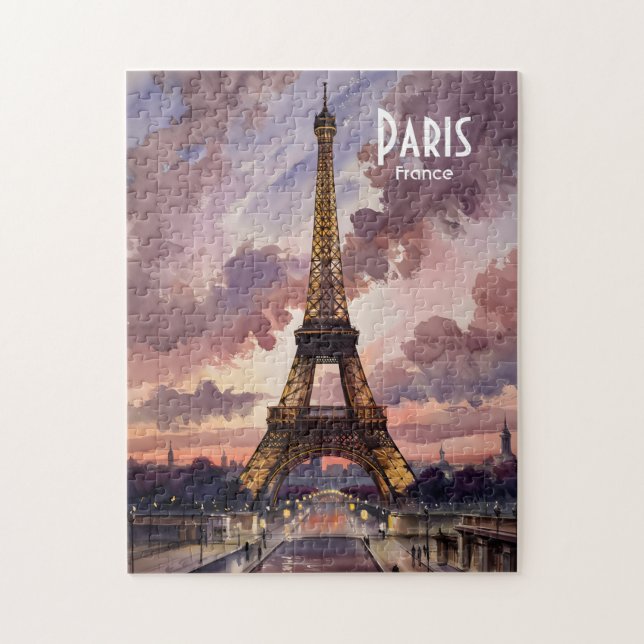 Paris Eiffel Tower Twilight Watercolor Custom Text Jigsaw Puzzle (Vertical)