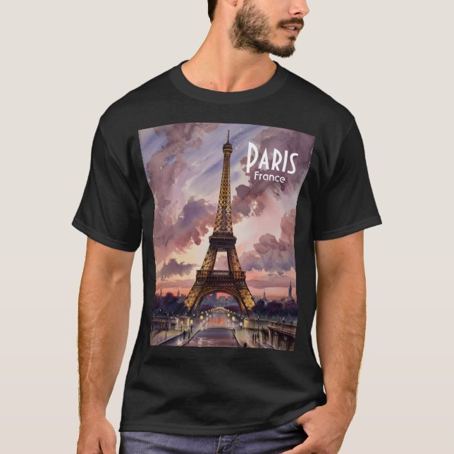 Paris Eiffel Tower Twilight Watercolor Custom Text T-Shirt (Front)
