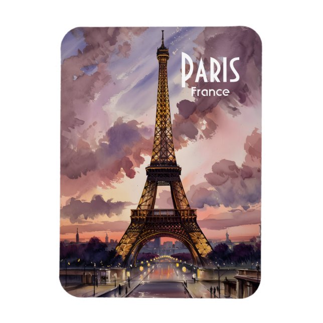 Paris Eiffel Tower Twilight Watercolor Painting Magnet (Vertical)
