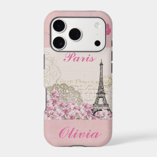 Paris Eiffel Tower Vintage Pink Flowers Add Name