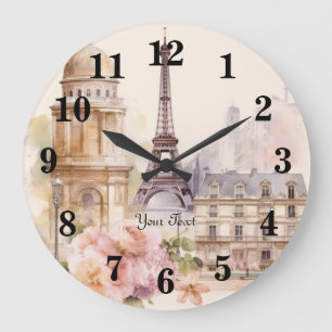 Paris Eiffel Tower Vintage Watercolor Travel Large Clock
