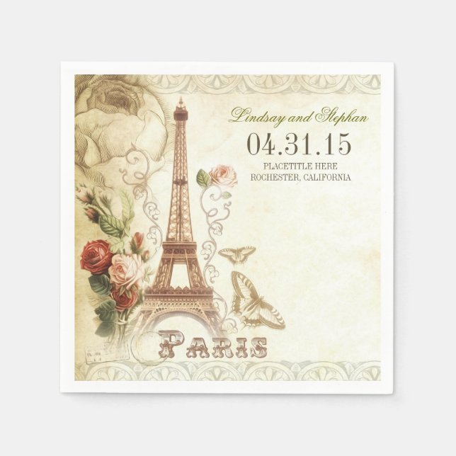 Paris Eiffel tower vintage wedding paper napkins (Front)