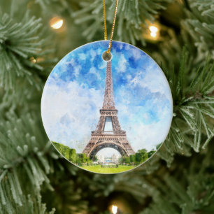 Paris Eiffel Tower Watercolor #01  Ceramic Tree Decoration