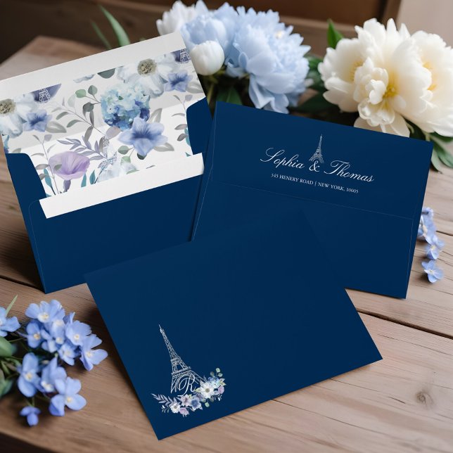 Paris Eiffel Tower Watercolor Floral Navy Wedding Envelope (Paris Eiffel Tower Watercolor Floral Navy Wedding Envelope)