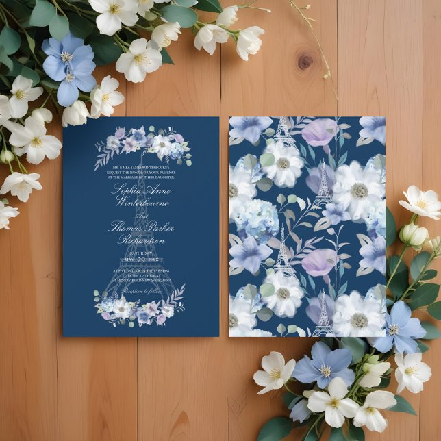 Paris Eiffel Tower Watercolor Floral Navy Wedding Invitation (Paris Eiffel Tower Watercolor Floral Navy Wedding Invitation)