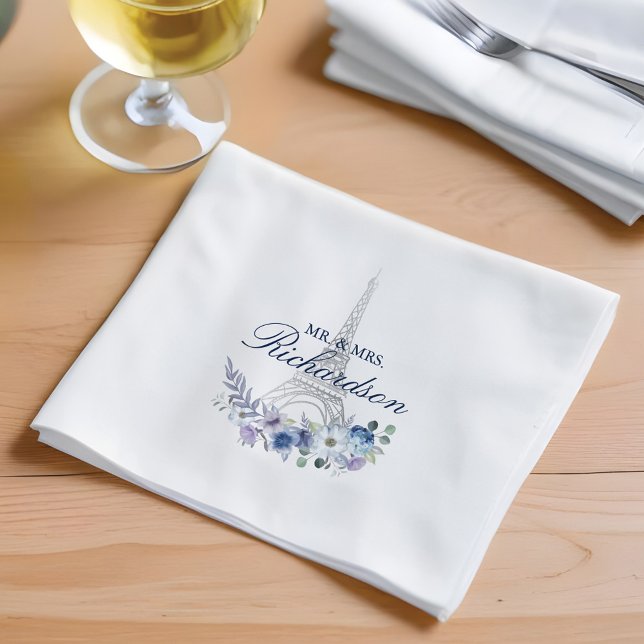 Paris Eiffel Tower Watercolor Floral Navy Wedding Napkin (Paris Eiffel Tower Watercolor Floral Navy Wedding Napkins)