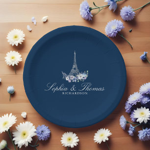 Paris Eiffel Tower Watercolor Floral Navy Wedding Paper Plate