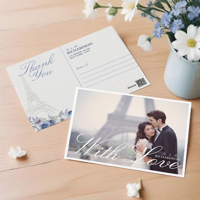 Paris Eiffel Tower Watercolor Floral Wedding Photo Postcard (Paris Eiffel Tower Watercolor Floral Wedding Photo Postcard)
