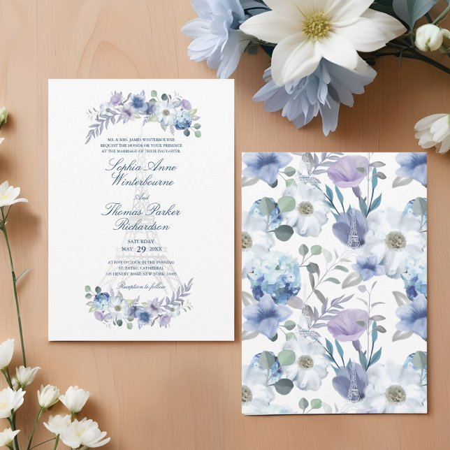 Paris Eiffel Tower Watercolor Floral White Wedding Invitation (Paris Eiffel Tower Watercolor Floral White Wedding Invitation)