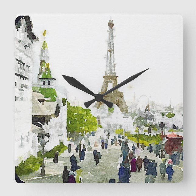 Paris Eiffel Tower Watercolor Painting Square Wall Clock (Front)