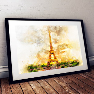 Paris Eiffel Tower Watercolor – Sunset #01  Photo Print