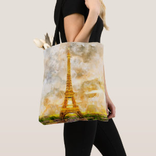 Paris Eiffel Tower Watercolor – Sunset #01  Tote Bag