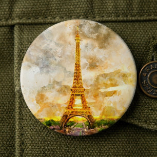 Paris Eiffel Tower Watercolor Sunset Art Print 6 Cm Round Badge