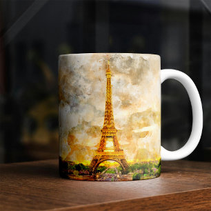 Paris Eiffel Tower Watercolor Sunset Art Print Coffee Mug