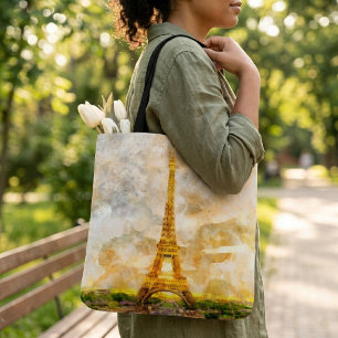 Paris Eiffel Tower Watercolor Sunset Art Print Tote Bag