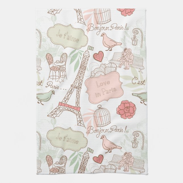 Paris Eiffel Tower Whimsical Pink Tea Towel (Vertical)