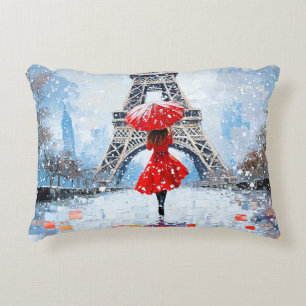Paris Eiffel Tower Winter Romance Red Umbrella  Decorative Cushion