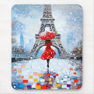 Paris Eiffel Tower Winter Romance Red Umbrella  Mouse Pad