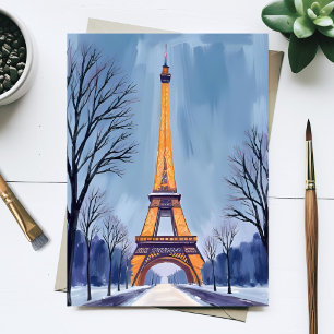 Paris Eiffel Tower Winter Snow Watercolor Painting Postcard