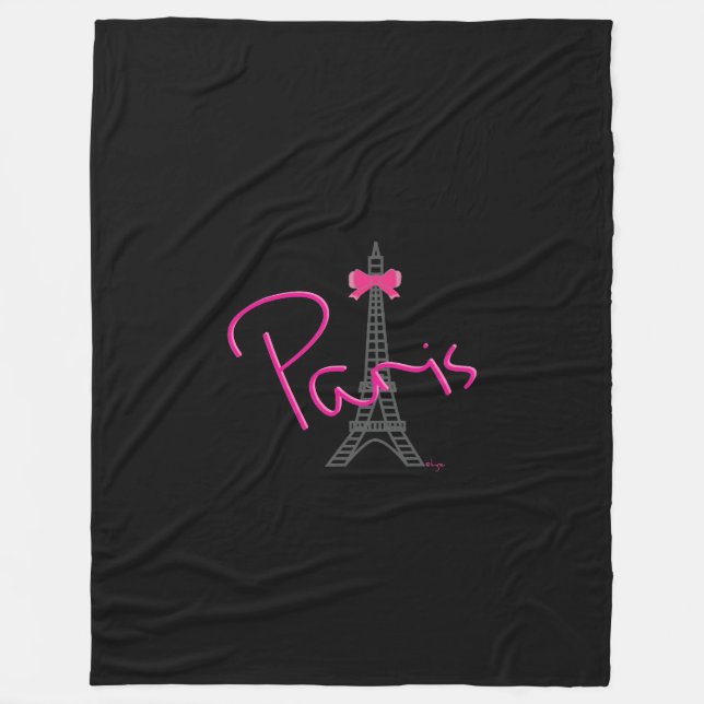 Paris, Eiffel Tower with pink Bow black Fleece Blanket (Front)