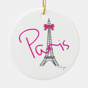 Paris Eiffel Tower with pink bow Ceramic Tree Decoration