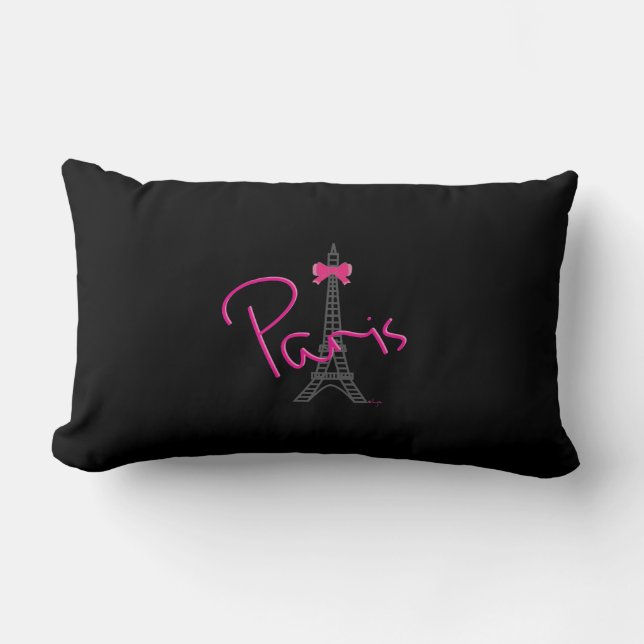 Paris, Eiffel Tower with pink Bow Modern Black Lumbar Cushion (Front)