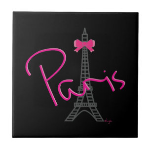 Paris Eiffel Tower with pink bow Tile
