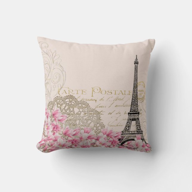 Paris Eiffelturm France, French Vintage Ephemera Cushion (Front)