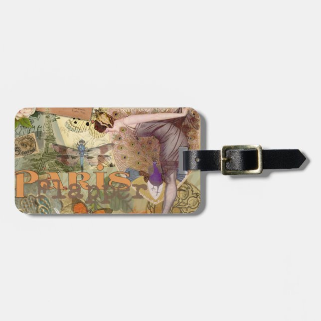 Paris Flapper Art Deco Peacock Vintage Luggage Tag (Front Horizontal)