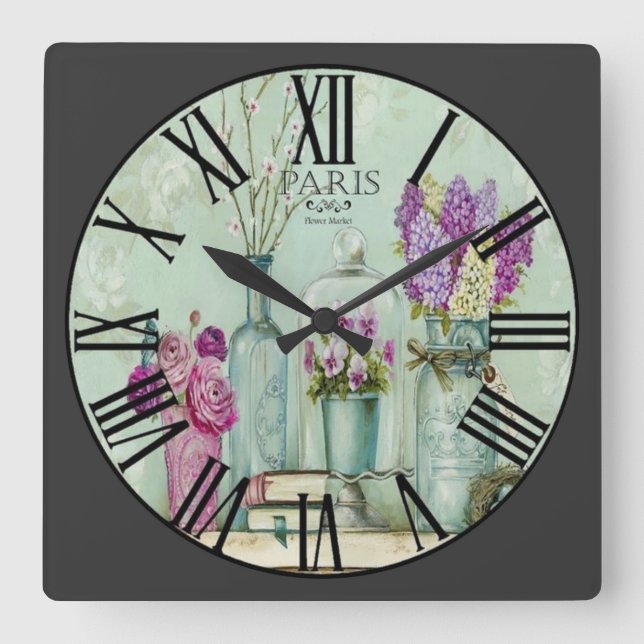 Paris Flower Market Square Wall Clock (Front)