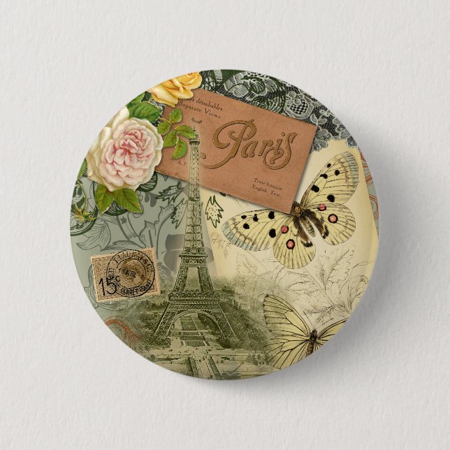 Paris France Antique Artwork Collage Eiffel French 6 Cm Round Badge (Front)