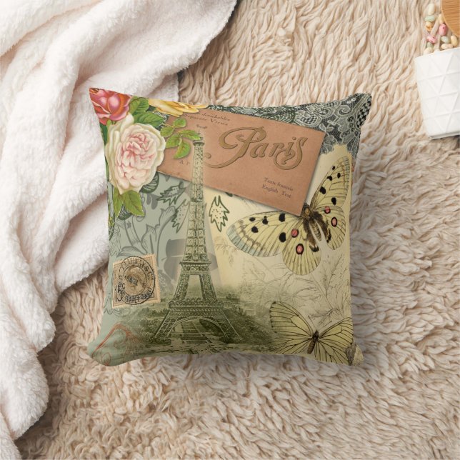Paris France Antique Artwork Collage Eiffel French Cushion (Blanket)