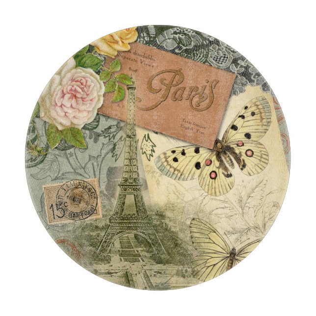 Paris France Antique Artwork Collage Eiffel French Cutting Board (Front)