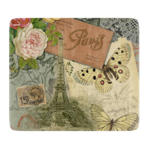 Paris France Antique Artwork Collage Eiffel French Cutting Board